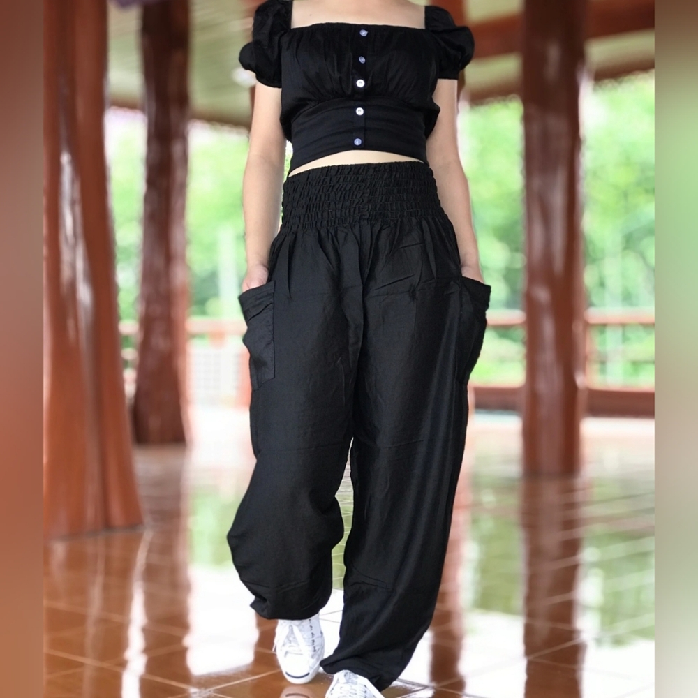 Black Thai Harem Pants XL | Boho Hippie Wide Leg Smocked Waist